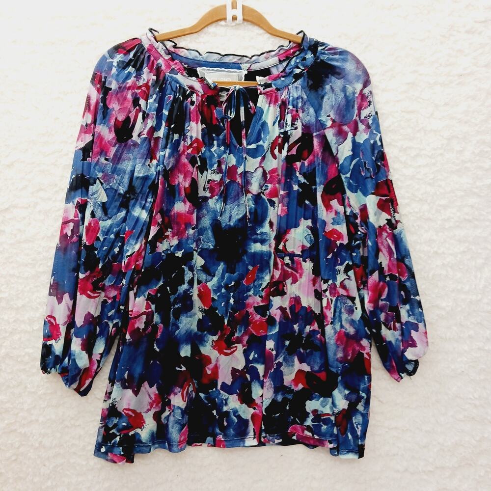 Blouse Floral Blue Pleated Sheer Boho Romantic Flowy Elastic Cuff Lined Size 1X
